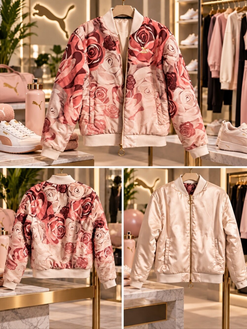 PUMA x Careaux Reversible Rose Floral Satin Bomber Jacket Medium